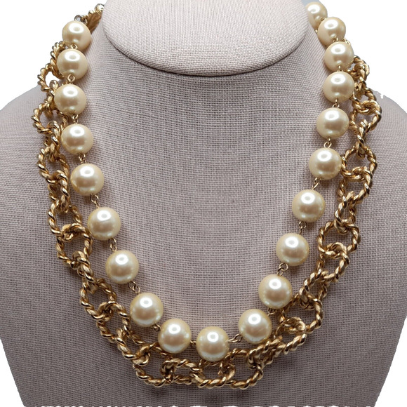Vintage Faux Pearl & Gold Tone Chain Necklace Double Strand, 18" - Picture 6 of 10